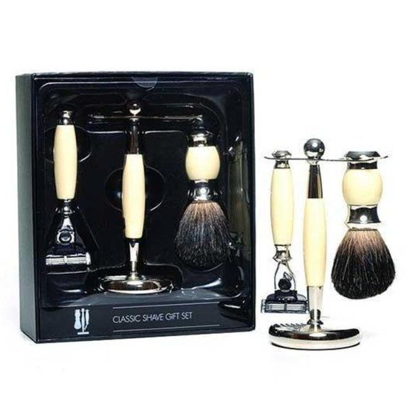 Shaving Horn, Brush & Stand - Boxed 3 Piece Faux Ivory Razor Set